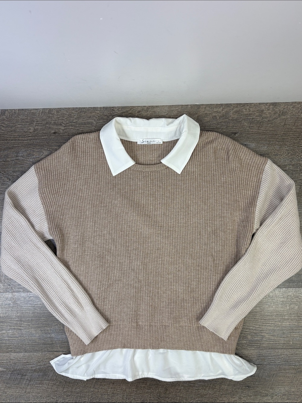 Sioni Milano Layered Shirt Hem Colorblock Sweater Taupe Ivory Size L